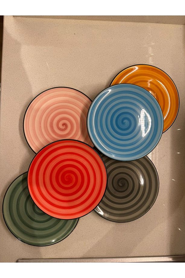 6 Lı Özel Tasarım Handmade 21 Cm Renkli Pasta Tabak Seti Ve Kahvaltı Tabak Seti Servis Tabağı - 1