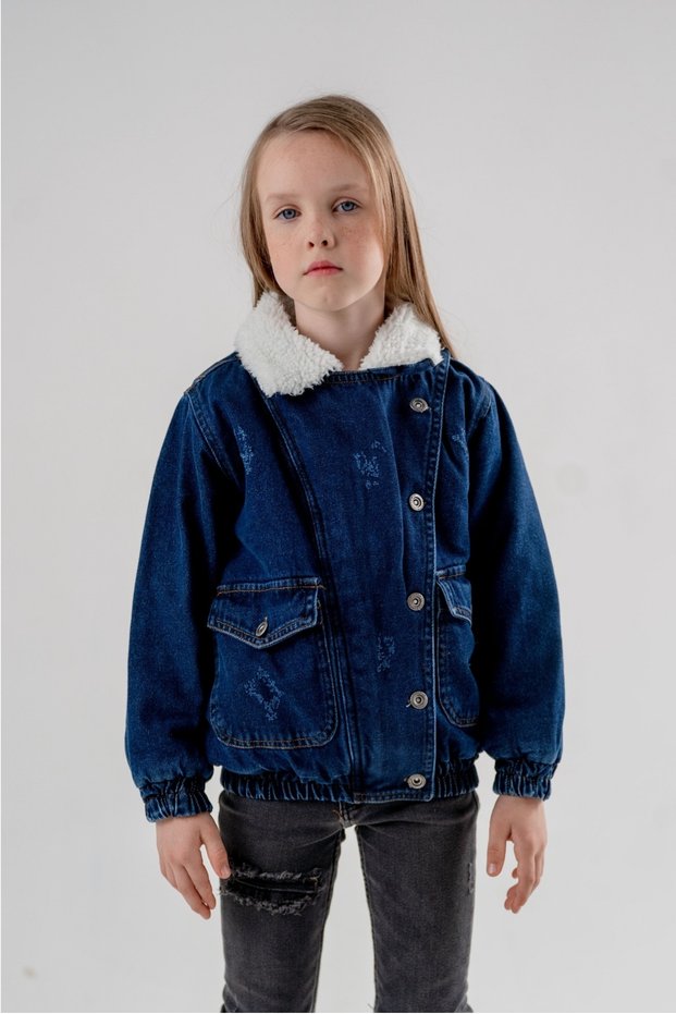 Girl's Collar Detailed Denim Sheepskin Coat 1010