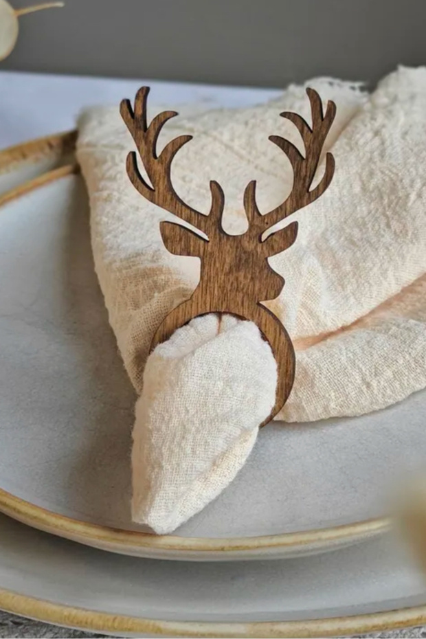 Christmas Deer Themed Wooden Napkin Ring - 6 Pieces