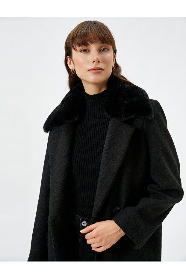Double Breasted Coat with Pocket Detail and Detachable Collar with Plush Detail