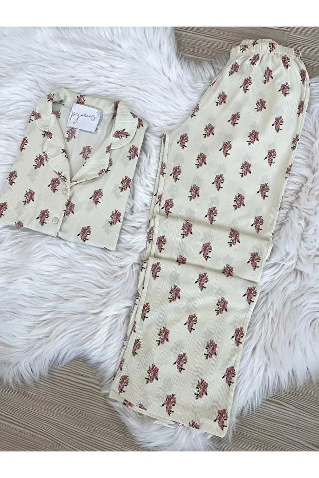 Ekru Çiçek Desenli Uzun Kol  Pegasus Pijama Takımı - 5