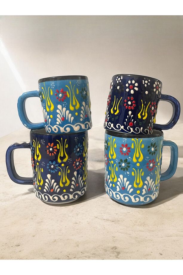 Dekoratif Çini İşlemeli Küçük ve Büyük Kupa, Duble Kahve Fincanı, Ayran ve Meşrubat Bardağı 4 Adet - 5
