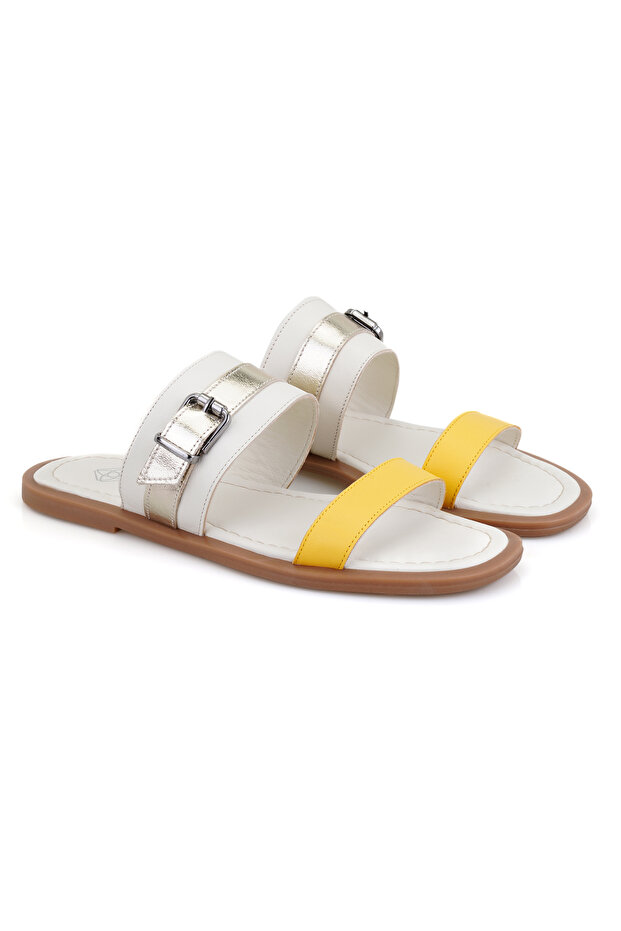 Women's White Adjustable Buckle Leather Slippers