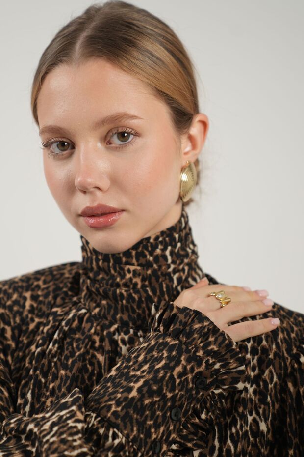 Jasmine Fırfır Detaylı Leopar Midi Elbise - 7