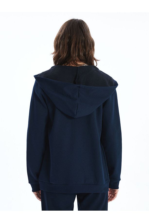 LCWAIKIKI Basic Lacivert Kapüşonlu Kadın Kalın Fermuarlı Sweatshirt - 4