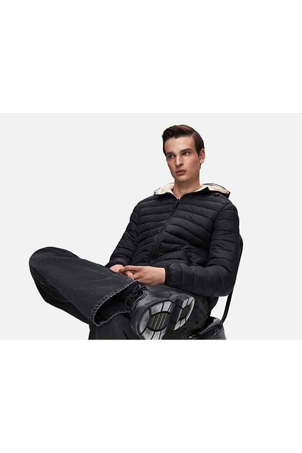 Kapüşonlu Düz Siyah Mont - 6