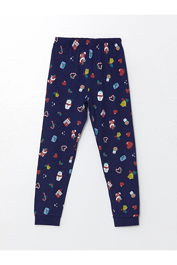 Lacivert Bisiklet Yaka Yılbaşı Temalı Kız Çocuk Pijama Takımı - 4