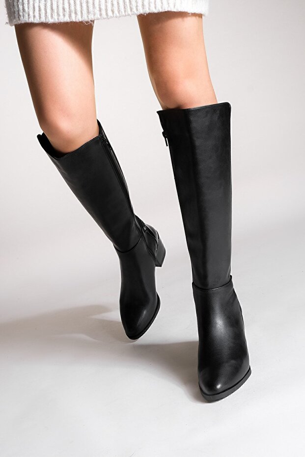 Női sarkú csizma térd alatti rugalmas rugalmas napi klasszikus csizma fekete színben - 4