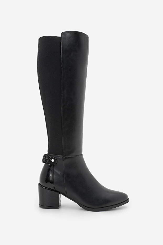 Női sarkú csizma térd alatti rugalmas rugalmas napi klasszikus csizma fekete színben - 3