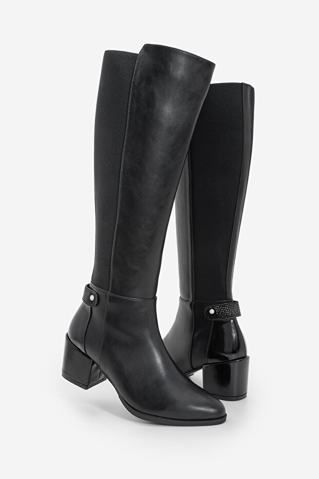 Női sarkú csizma térd alatti rugalmas rugalmas napi klasszikus csizma fekete színben - 1