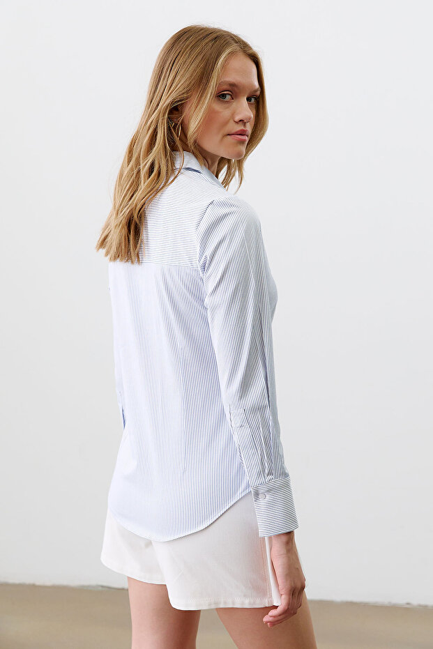 Gizli Patlı Çizgili Basıc Gömlek - 5