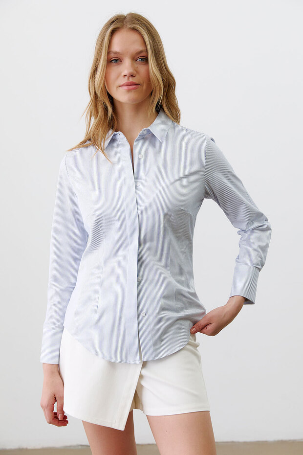 Gizli Patlı Çizgili Basıc Gömlek - 2