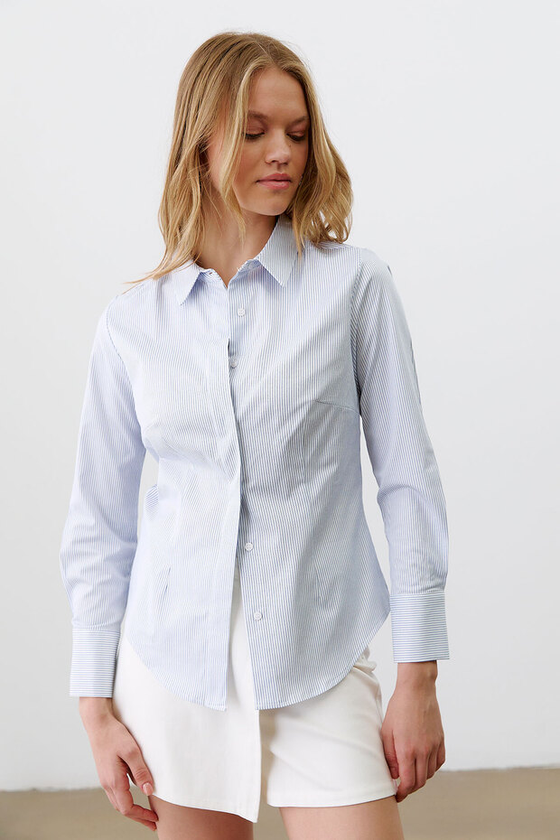 Gizli Patlı Çizgili Basıc Gömlek - 4