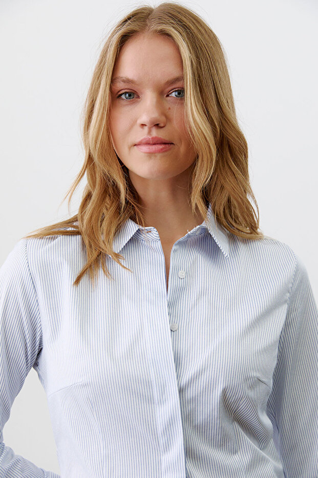Gizli Patlı Çizgili Basıc Gömlek - 1