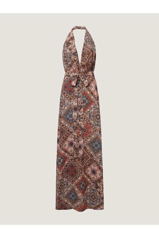 Önü Dekolteli Boyundan Askılı Uzun Elbise - Bohemian Desenli - 7