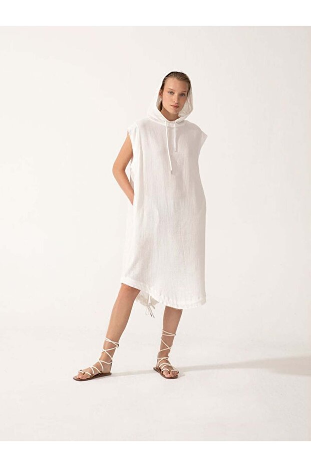 Oversize Kapüşonlu Panço-Elbise - Beyaz - 1