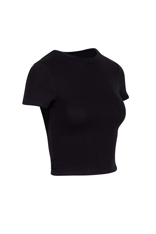 Bisiklet Yaka Basic Crop T-Shirt - Siyah - 5