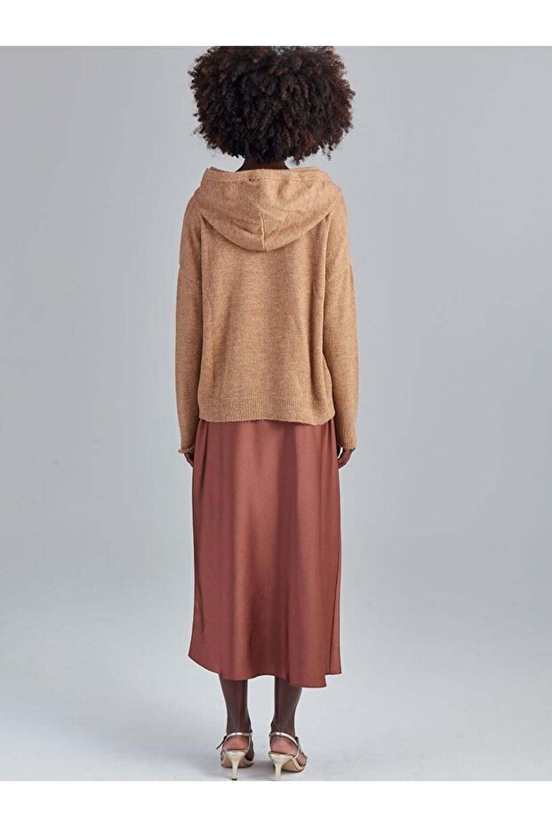 Kapüşonlu Triko Kazak - Vizon - 2