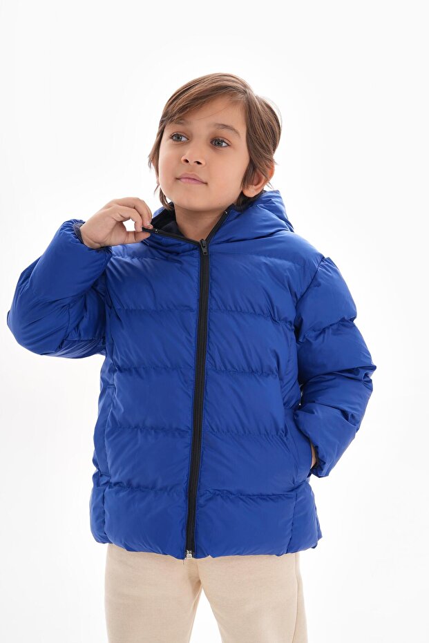 Boy's Dark Blue Filled Inner Fleece Hooded Winter Inflatable Children's Coat Coat