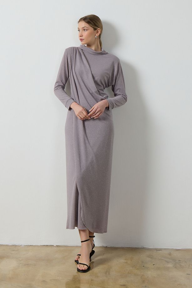 Gri Simli Drape Elbise - 3