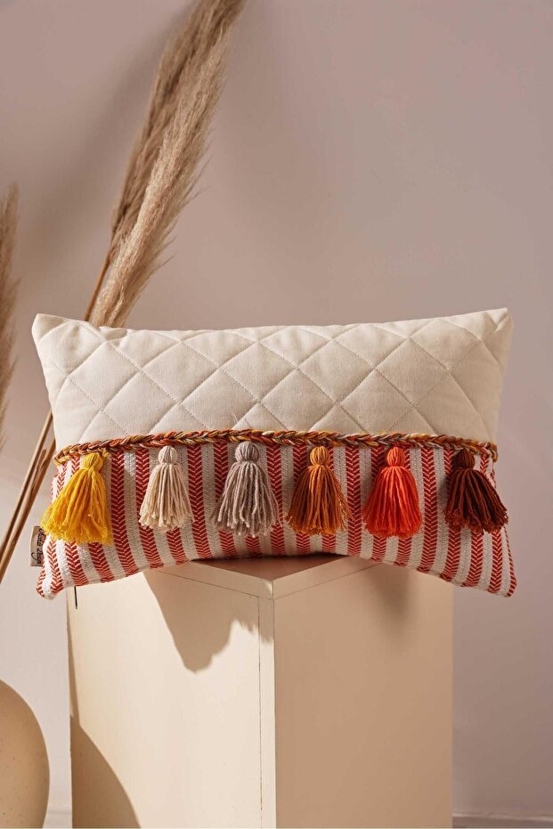 Rectangular Throw Pillow Cover with Orange Stripes and Tassels - K-210
