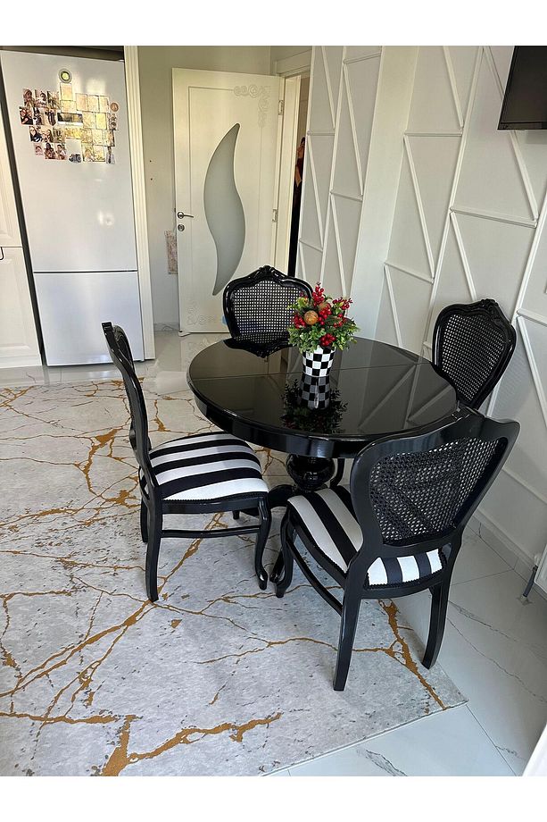 Ezine Parlak Siyah Yuvarlak Katlanır Mutfak Masası / Urla Hazeranlı Siyah Mutfak Masa Takımı - 3