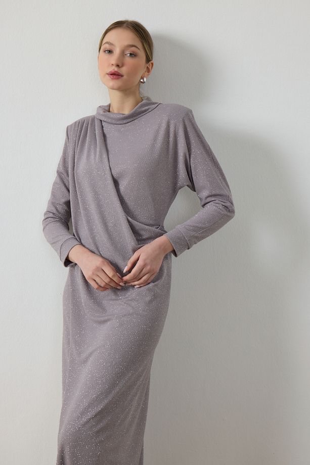 Gri Simli Drape Elbise - 6