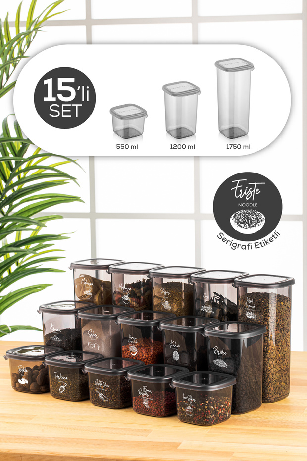15 Pieces Peggy Square Food and Spice Container with White Screen Printed Label 5X(0.55 - 1.2 - 1.75 Liter) Anthracite
