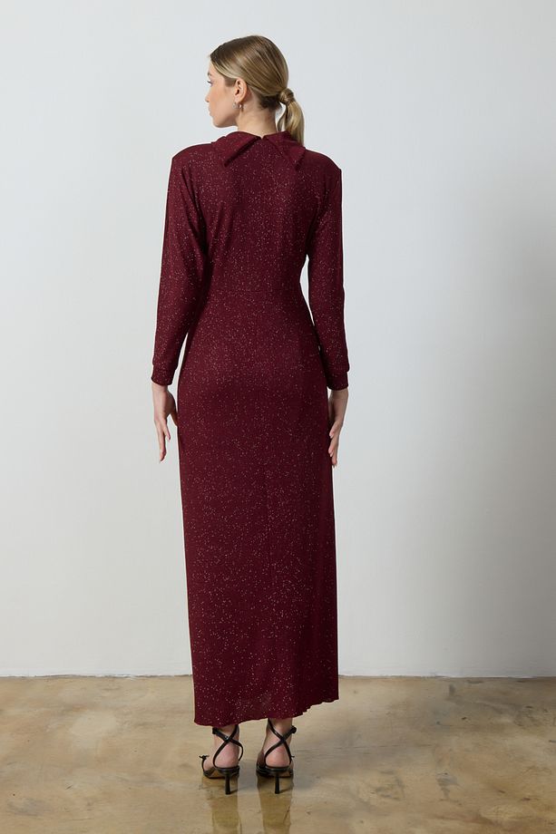 Bordo Simli Drape Elbise - 8