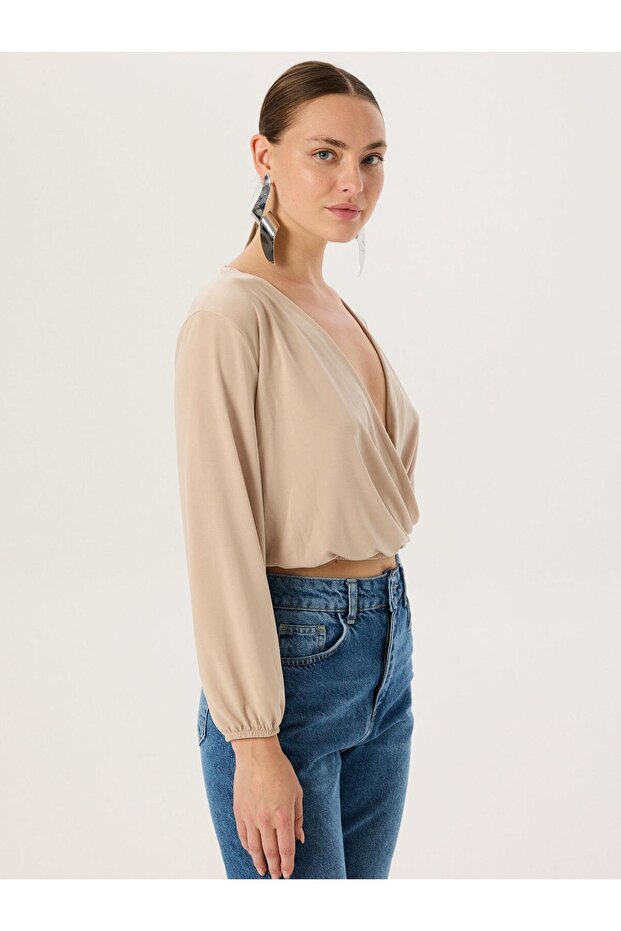 بلوزة مزدوجة الصدر - بيج - 2