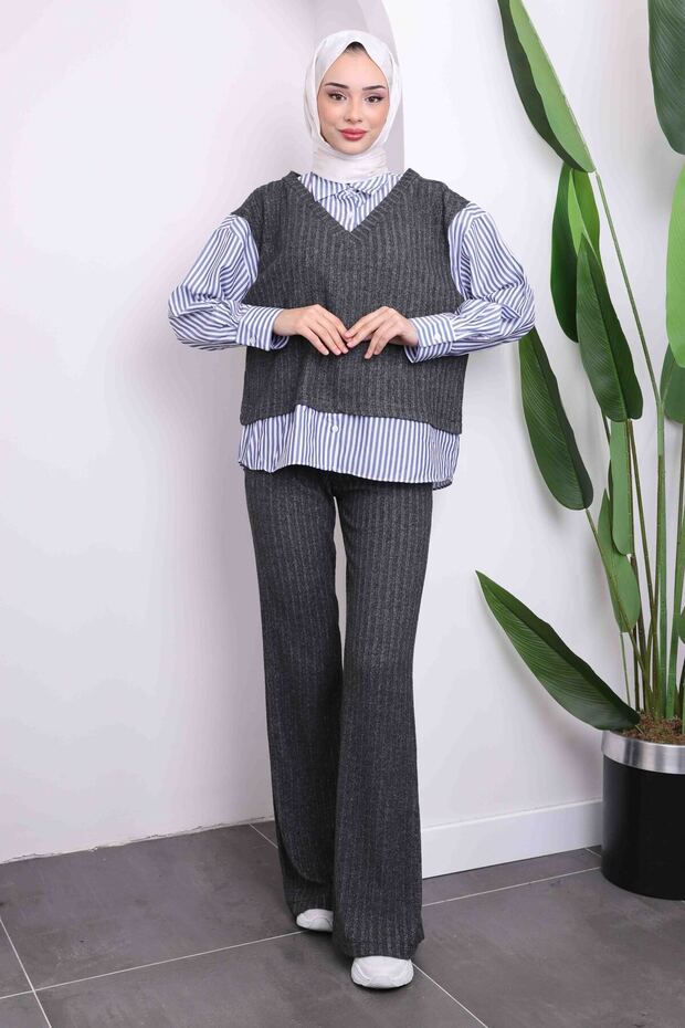 Anthracite Garnished Sweater Trousers Set