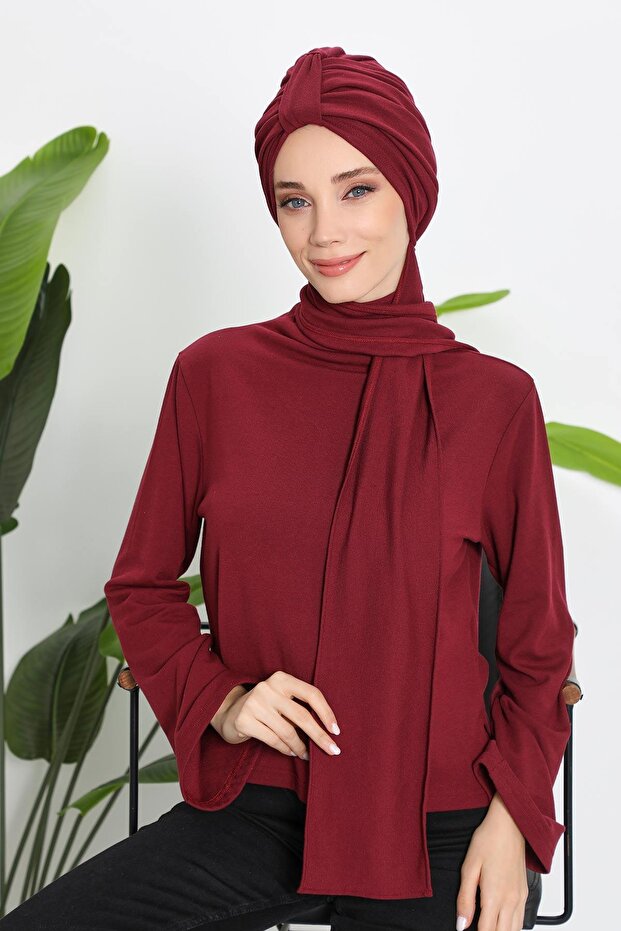 Winter Scarf Bonnet Turban, B-80Rb, Burgundy