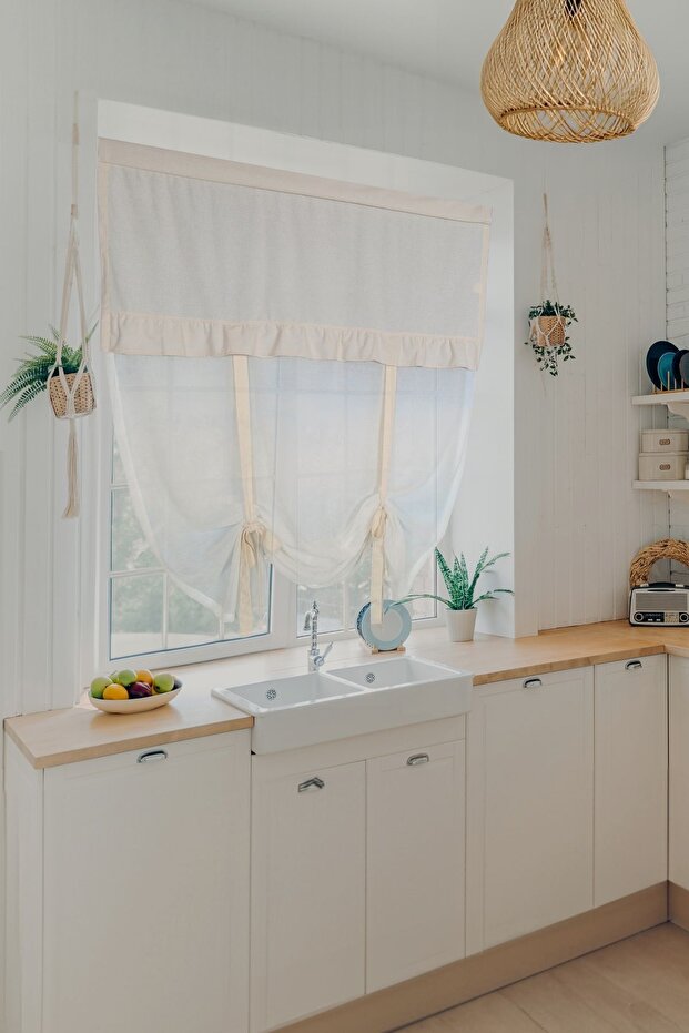 Natural Pot Tulle Curtain Retro Cream Ruffled