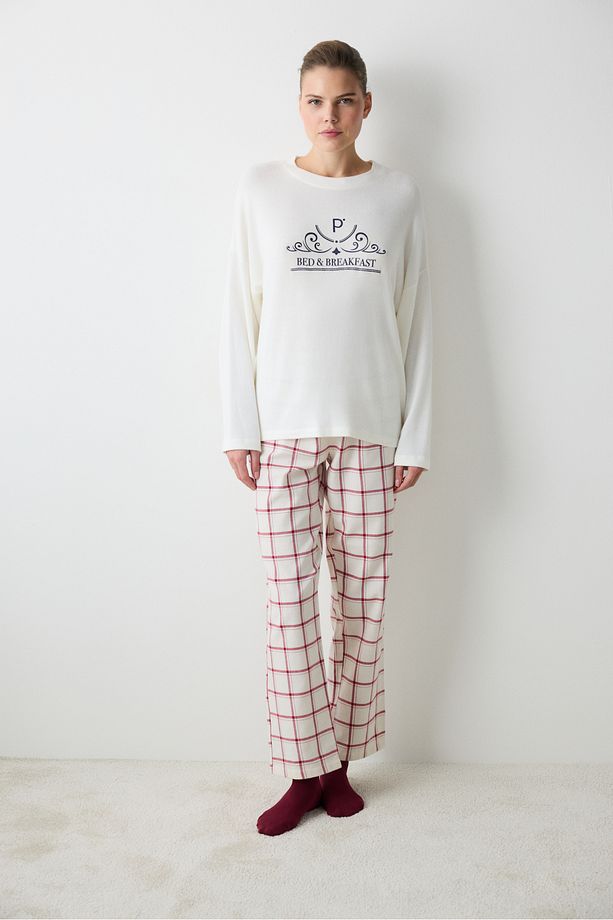 Aria Checked Ekru Pantolon Pijama Altı - 2
