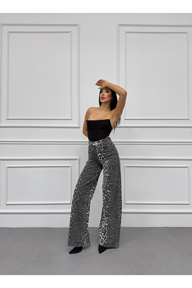 PALAZZO BAGGY LEOPARD BOČNÍ LASEROVÉ KÁMENOVÉ PRANÍ KHAKI JEANS - 4