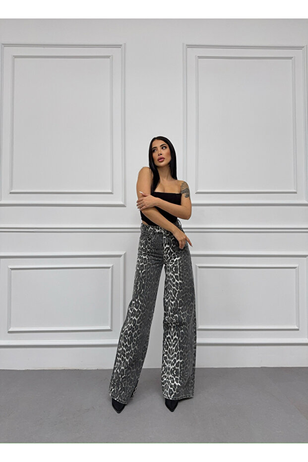PALAZZO BAGGY LEOPARD BOČNÍ LASEROVÉ KÁMENOVÉ PRANÍ KHAKI JEANS - 3