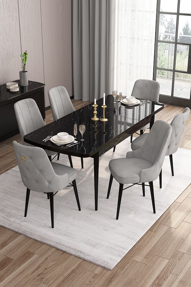 Are Serisi 80x132 Açılabilir Mdf Siyah Mermer Desen Masa Takımı Ve 6 Siyah Sandalye - 1