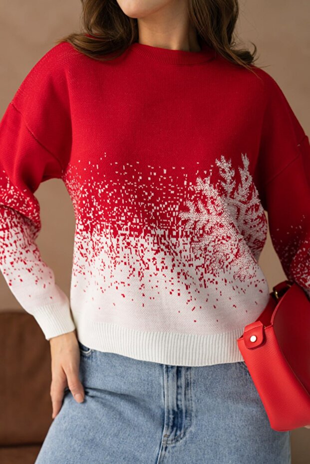 Women's Christmas Themed Snowflake Patterned Long Sleeve Oversize Knitwear Sweater