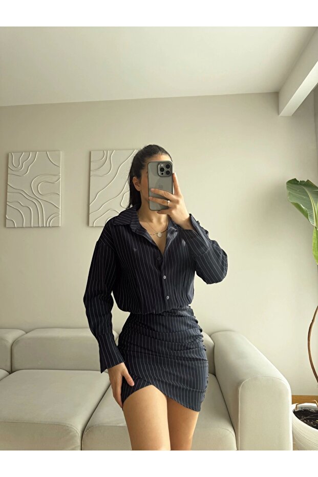 Double Gömlek Elbise - LACİVERT - 2