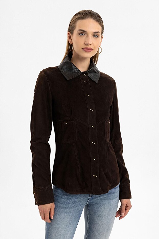 Eylin Kahve Kadın Hakiki Süet Gömlek - 2