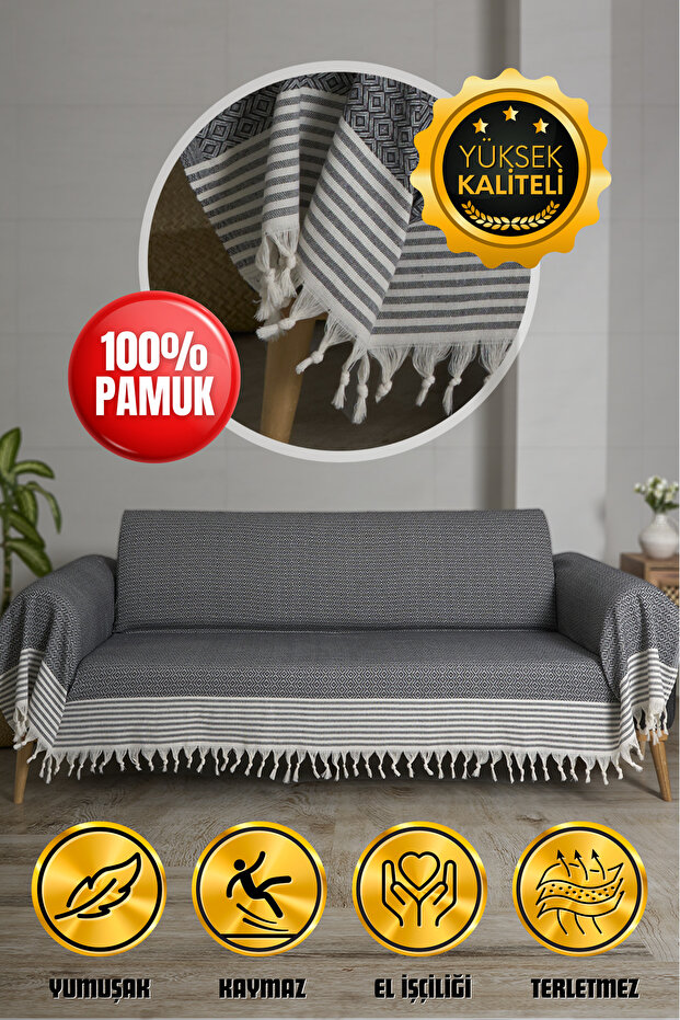 Quality Cotton Fringed Sofa Cover - 180X300 cm - Covers the Back, Seat, and Armrests