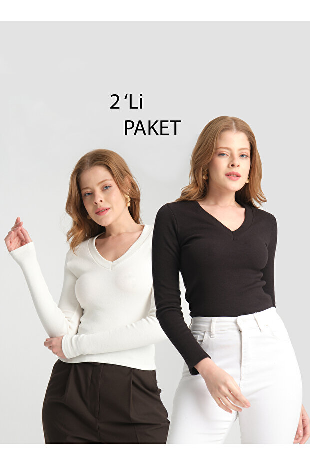 Kadın Siyah Beyaz V Yaka Uzun Kollu Basic Örme Bluz