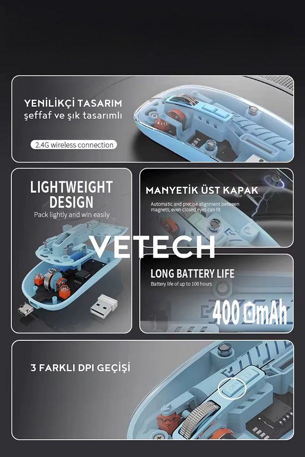 Şarjlı Kablosuz Mouse Şeffaf Tasarım Bluetooth + USB Çift Mod Telefon / Tablet / Laptop / PC - 5