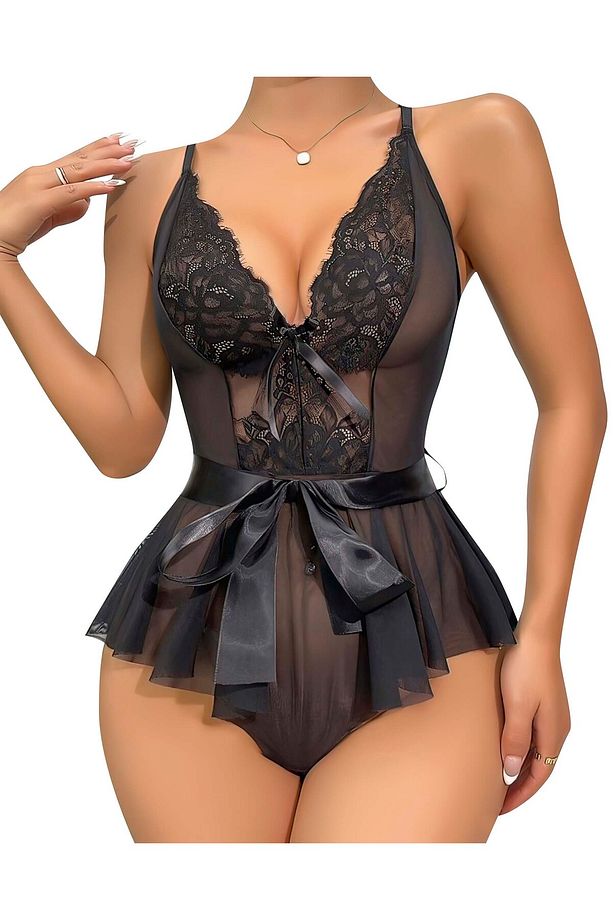 Tül Transparan Çiçekli String Babydoll - (Tül-Dantel) - Gecelik - 1