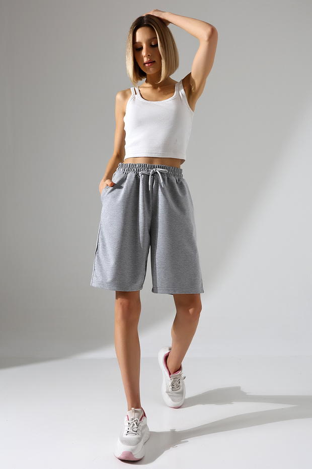 Comfortable Fit Wide Long Combed Cotton Unisex Shorts 21823 Gri̇melanj