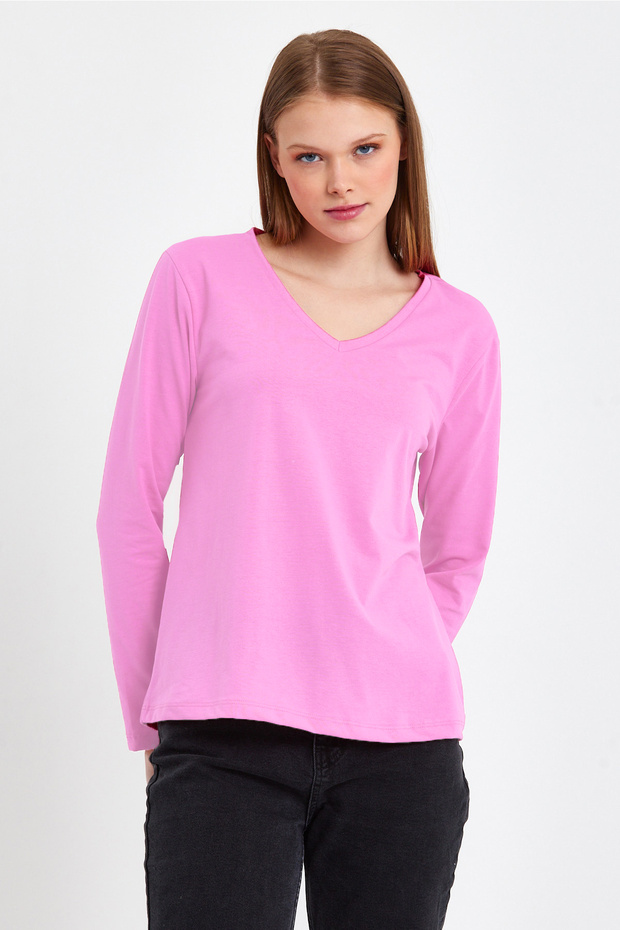 Kadın Uzun Kollu V Yaka Basic Pamuklu Örme Bluz - 3