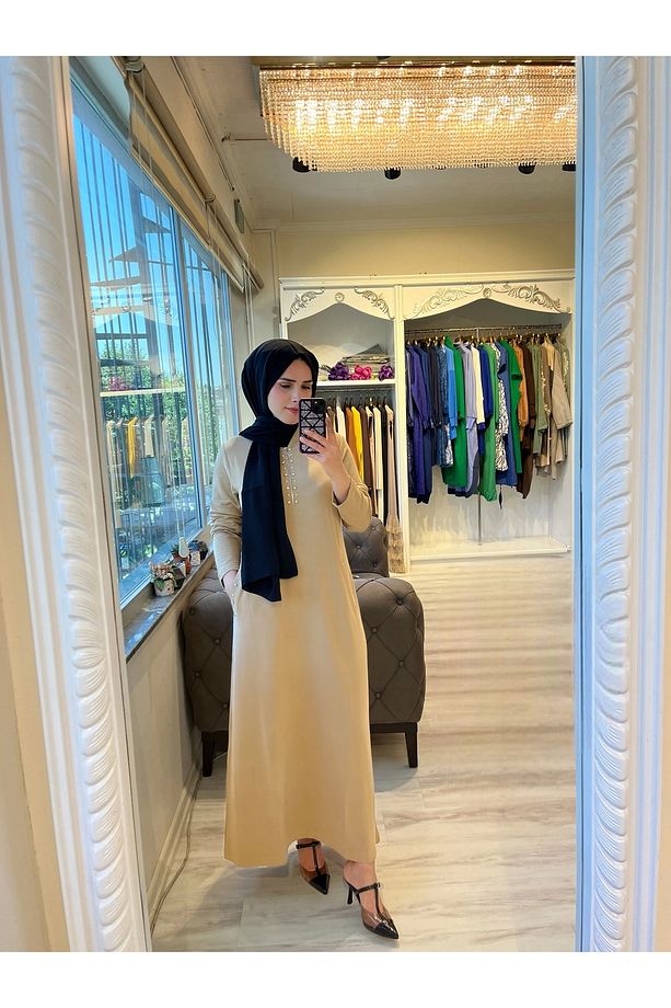 İNVEE 6937 İki İplik Camel Elbise - 1