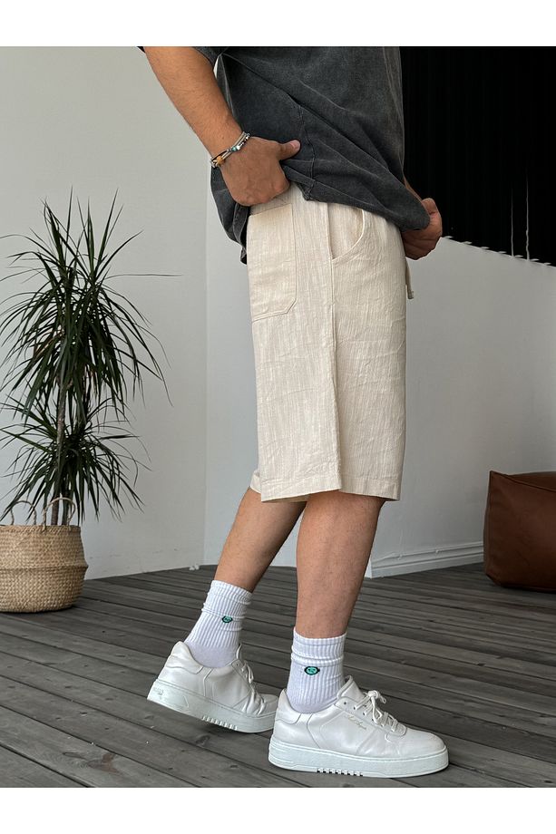 Bej Basic Cotton Şort V-40-510 - 4