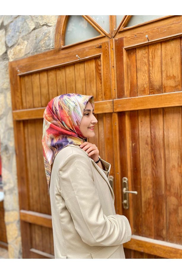 Mercan-Sarı Fırça Desen Tivil İpek Eşarp 3873 - 2