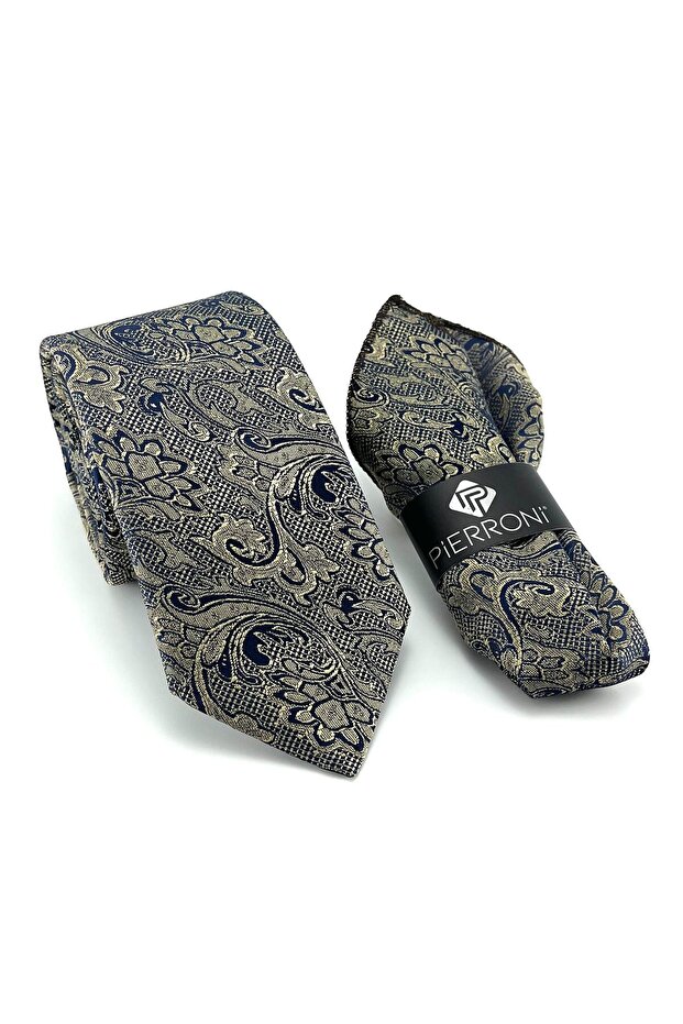 ربطة عنق منقوشة باللون البيج والأزرق الداكن - 1